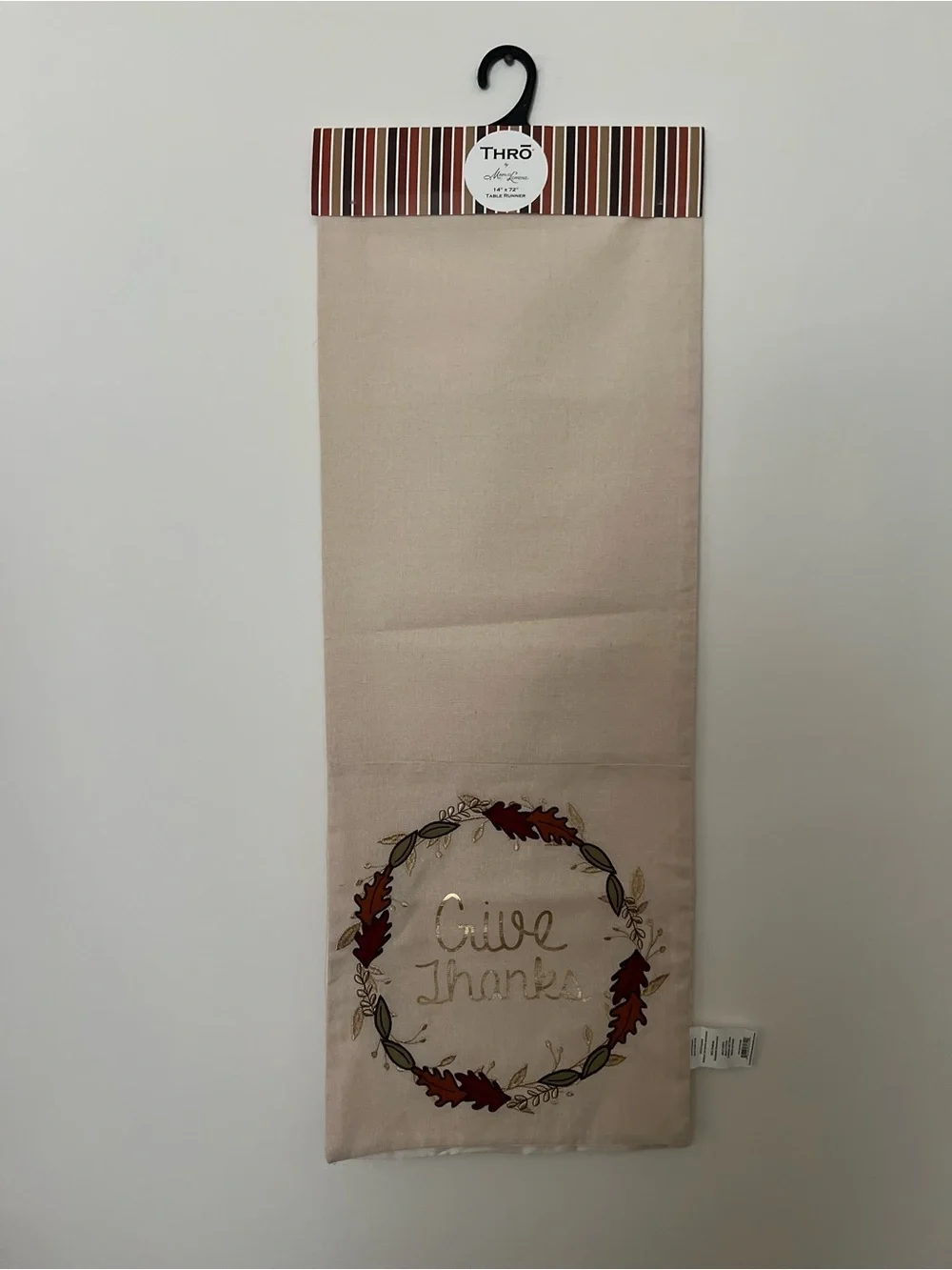 'NWT THRO Marlo Lorenz Give Thanks' Beige Embroidered Table Runner 14”X72”